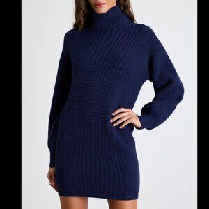 Lulus Casual Coziness Navy Waffle Knit Cowl Neck Sweater Dress Blue - Size L